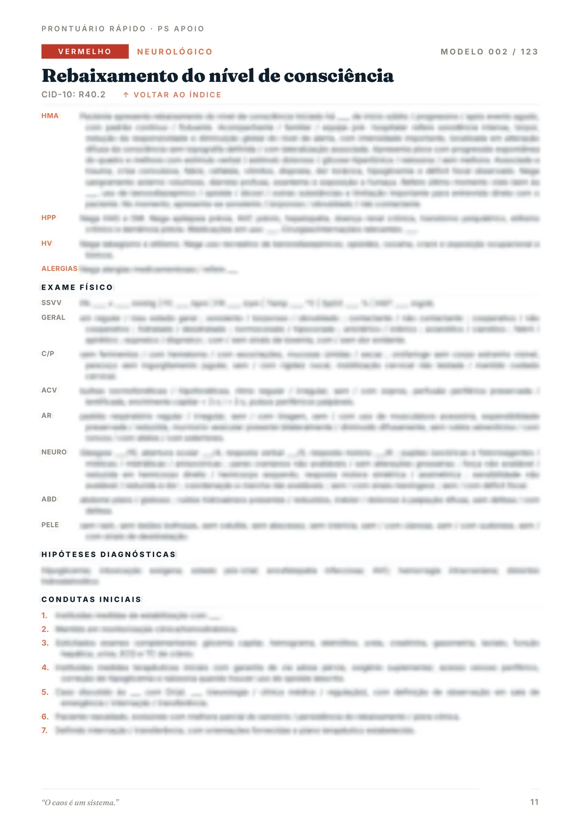 Página real do Prontuário Rápido, com o corpo do texto borrado de propósito: dá para ver a estrutura de registro, mas não copiar o conteúdo.